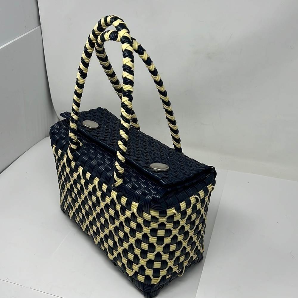 Handwoven Plastic Basket Weave Navy Cream Top Closure Basket Bag